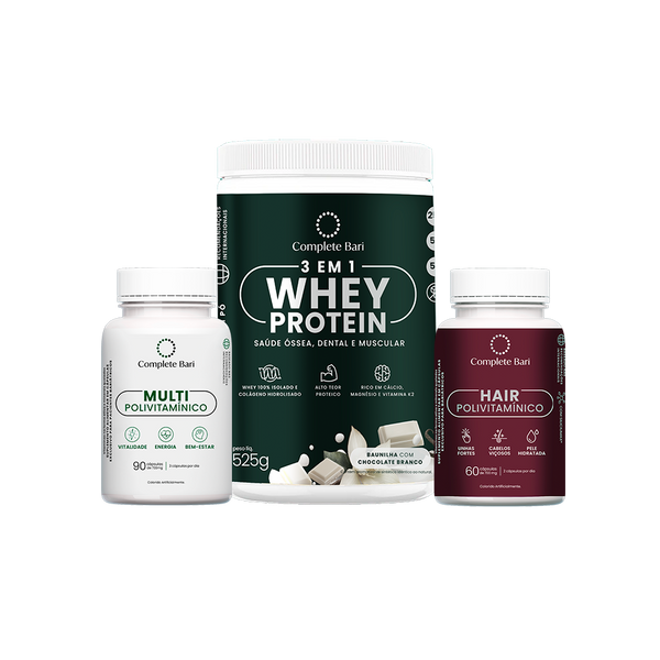 Kit Multivitamínico + Polivitamínico Cabelo e Unhas + Whey Protein Baunilha com Chocolate Branco