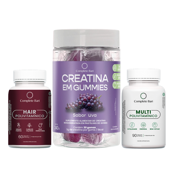 Kit Creatina em Gummies Uva + Multivitamínico + Polivitamínico Cabelo e Unhas