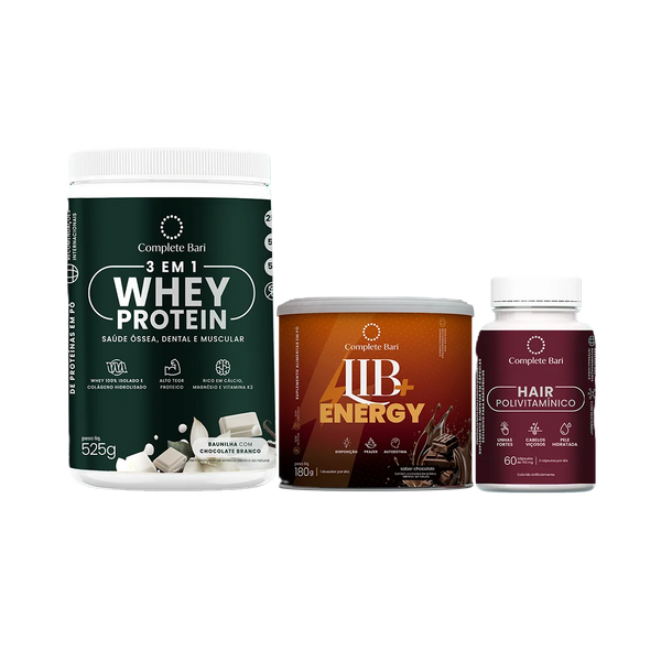Kit 1 Polivitaminico Cabelos e Unhas + 1 Whey Baunilha com Chocolate + 1 Lib Energy