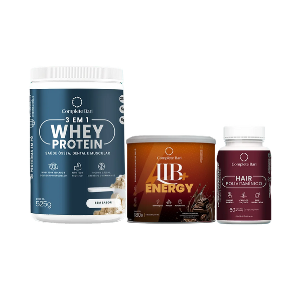 Kit 1 Polivitaminico Cabelos e Unhas + 1 Whey Neutro + 1 Lib Energy