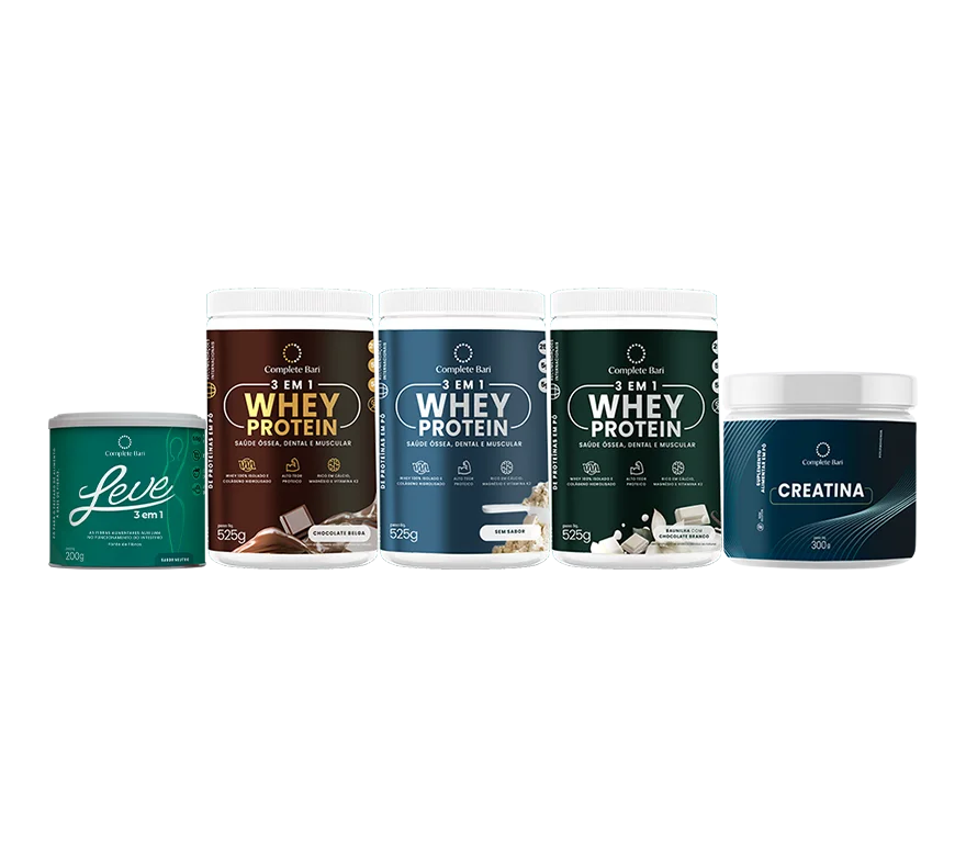 Kit 1 LEVE 3 em 1® Contra Reganho de Peso  + 1 Whey Isolado Chocolate Belga + 1 Whey Isolado Baunilha com Chocolate + 1 Whey Isolado Neutro + 1 Creatina Complete Bari