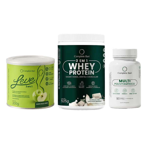 Kit Leve Maçã - Ação 3 em 1 + Multivitamínico + Whey Protein Baunilha com Chocolate Branco
