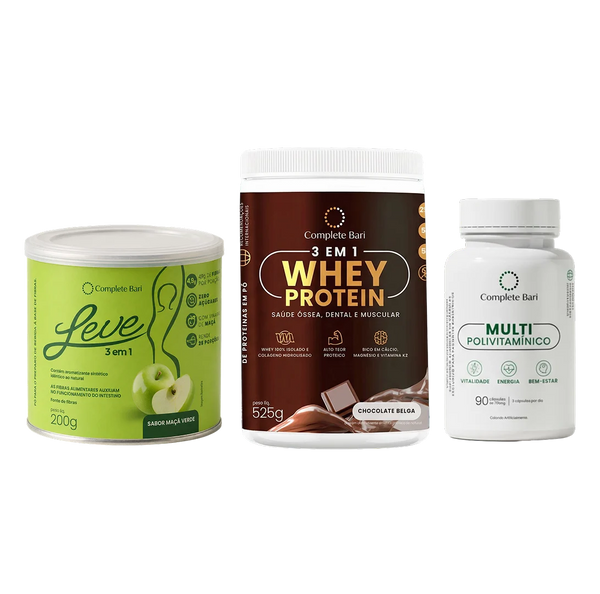 Kit Leve Maçã - Ação 3 em 1 + Multivitamínico + 1 Whey Protein Chocolate Belga