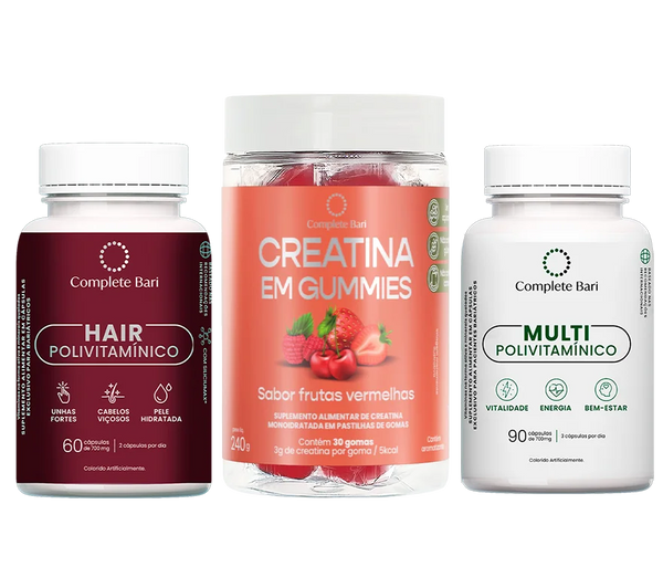 Kit Creatina em Gummies Frutas Vermelhas + Multivitamínico + Polivitamínico Cabelo e Unhas