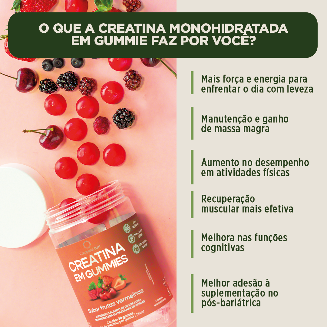 Kit 1 Creatina em Gummies Frutas Vermelhas + 1 Multivitamínico + 1 Whey Isolado Baunilha com Chocolate