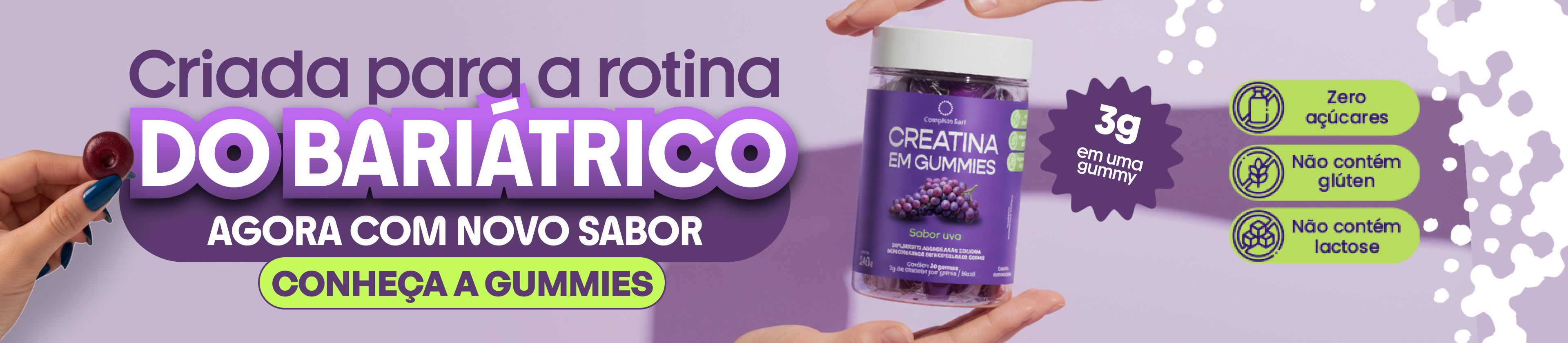 Creatinas práticas e saborosas, pensadas para complementar a rotina de quem fez bariátrica ou utiliza canetas.