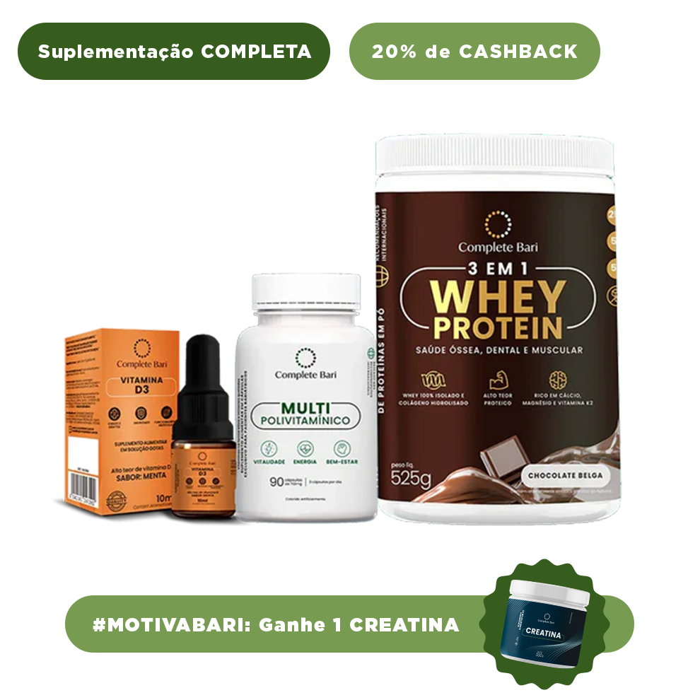Kit 1 Multi + 1 Whey Isolado Chocolate Belga + 1 Vitamina D3 Complete Bari