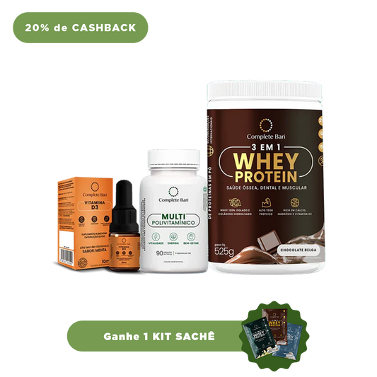 Kit 1 Multi + 1 Whey Isolado Chocolate Belga + 1 Vitamina D3 Complete Bari - Ganhe 1 Kit Saches