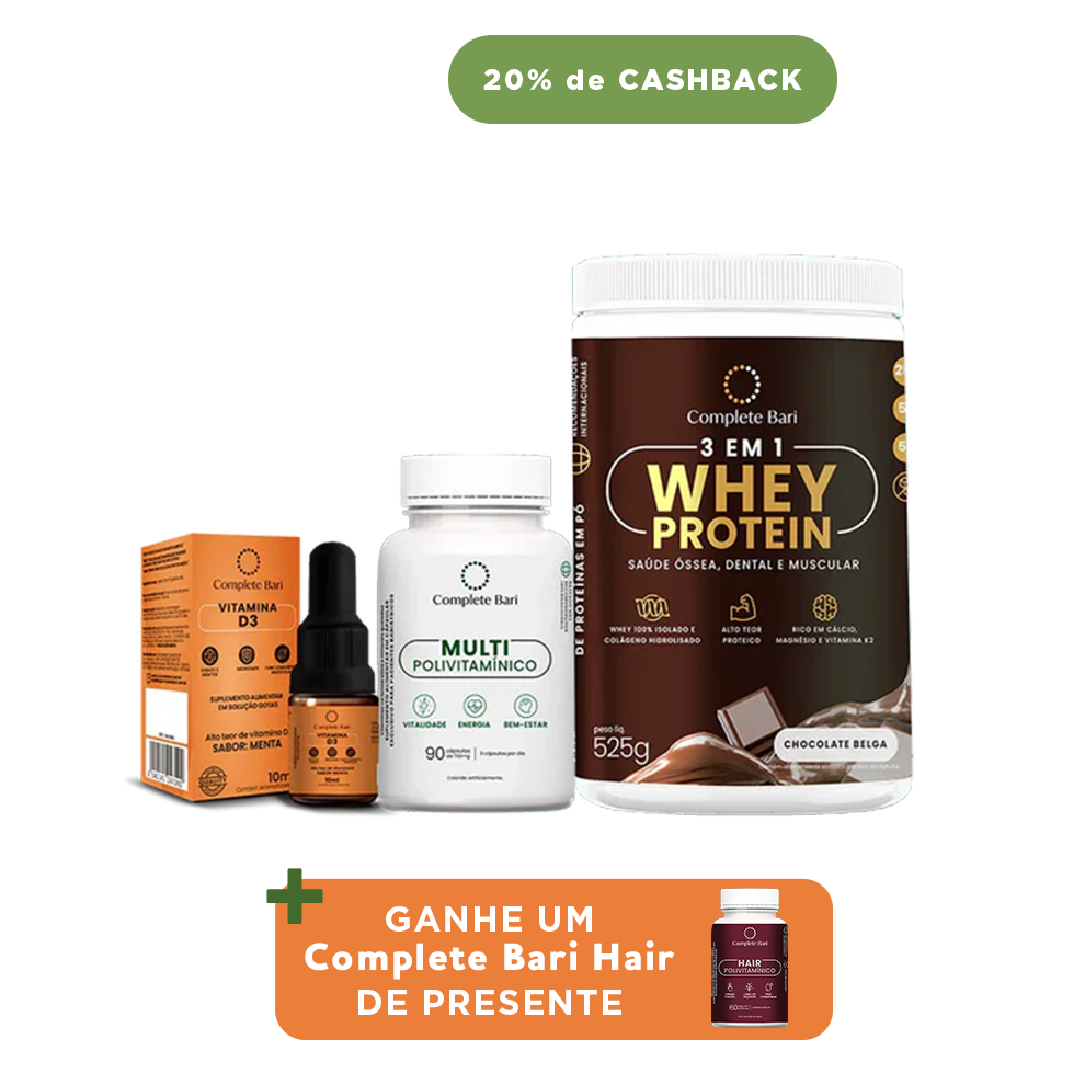 Kit 1 Multi + 1 Whey Isolado Chocolate Belga + 1 Vitamina D3 Complete Bari - Ganhe 1 Hair de brinde