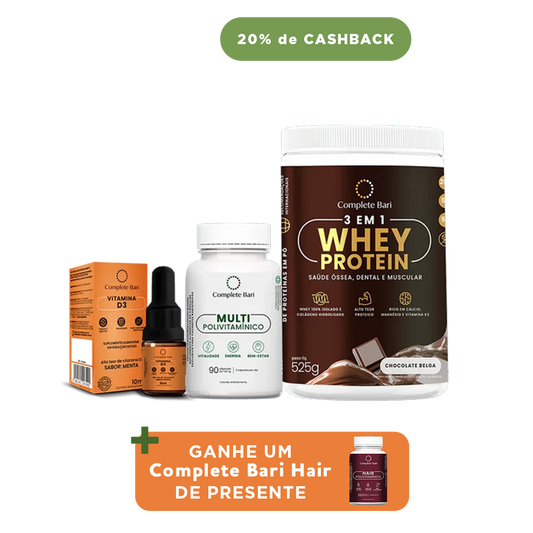 Kit 1 Multi + 1 Whey Isolado Chocolate Belga + 1 Vitamina D3 Complete Bari - Ganhe 1 Hair de brinde