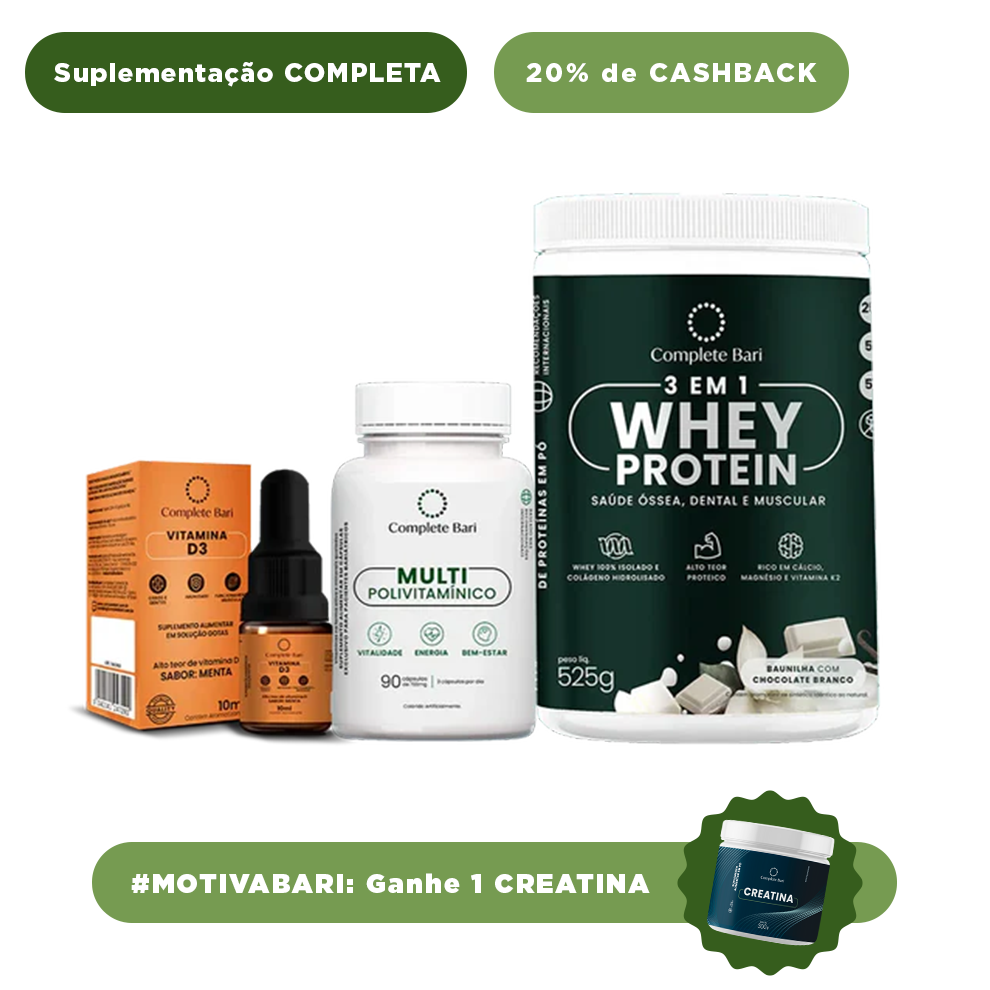 Kit 1 Multi + 1 Whey Isolado Baunilha com Chocolate + 1 Vitamina D3 Complete Bari