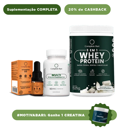 Kit 1 Multi + 1 Whey Isolado Baunilha com Chocolate + 1 Vitamina D3 Complete Bari