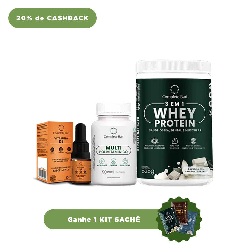 Kit 1 Multi + 1 Whey Isolado Baunilha com Chocolate + 1 Vitamina D3 Complete Bari - Ganhe 1 Kit Saches