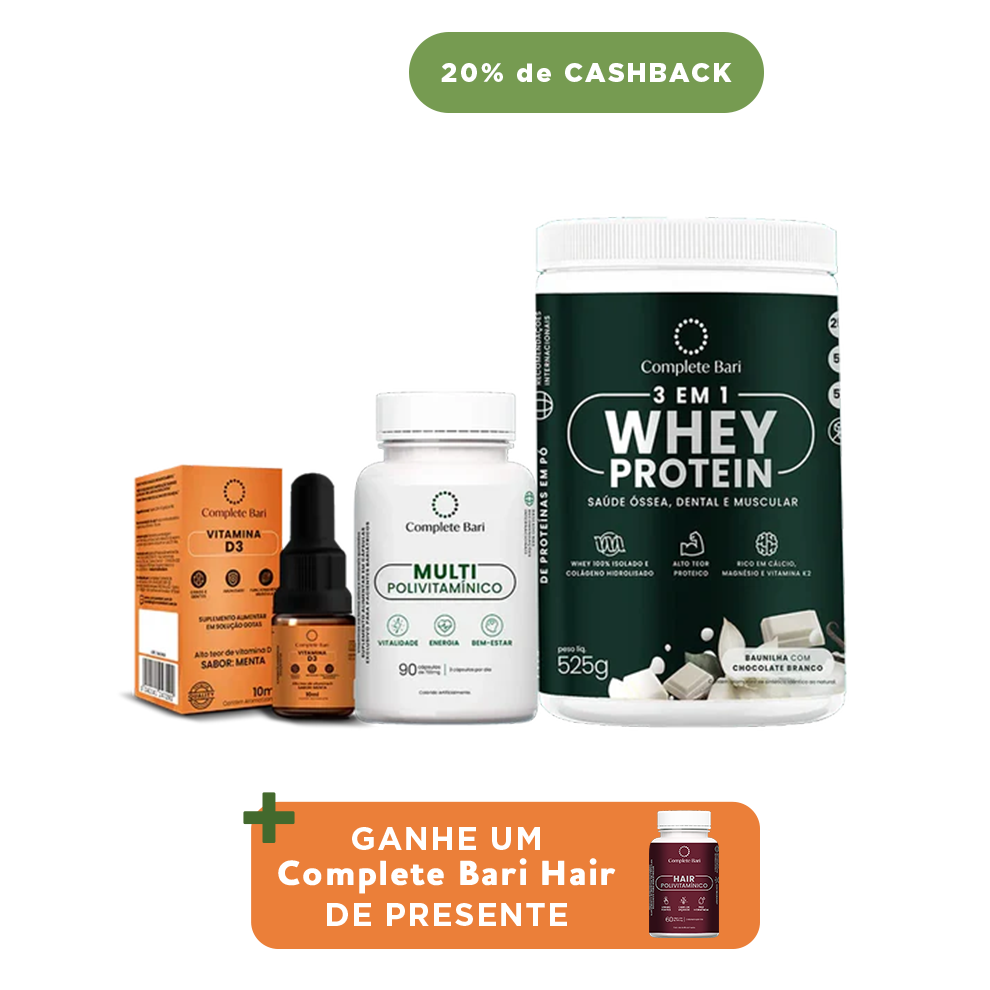 Kit 1 Multi + 1 Whey Isolado Baunilha com Chocolate + 1 Vitamina D3 Complete Bari - Ganhe 1 Hair de brinde