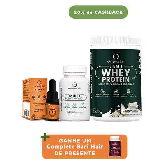 Kit 1 Multi + 1 Whey Isolado Baunilha com Chocolate + 1 Vitamina D3 Complete Bari - Ganhe 1 Hair de brinde