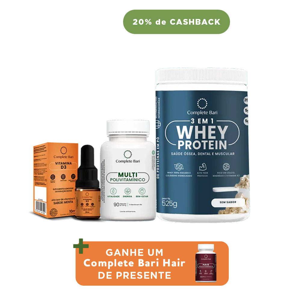 Kit 1 Multi + 1 Whey Isolado Neutro + 1 Vitamina D3 Complete Bari - Ganhe 1 Hair de brinde