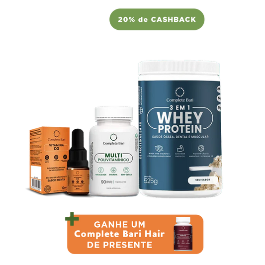 Kit 1 Multi + 1 Whey Isolado Neutro + 1 Vitamina D3 Complete Bari - Ganhe 1 Hair de brinde