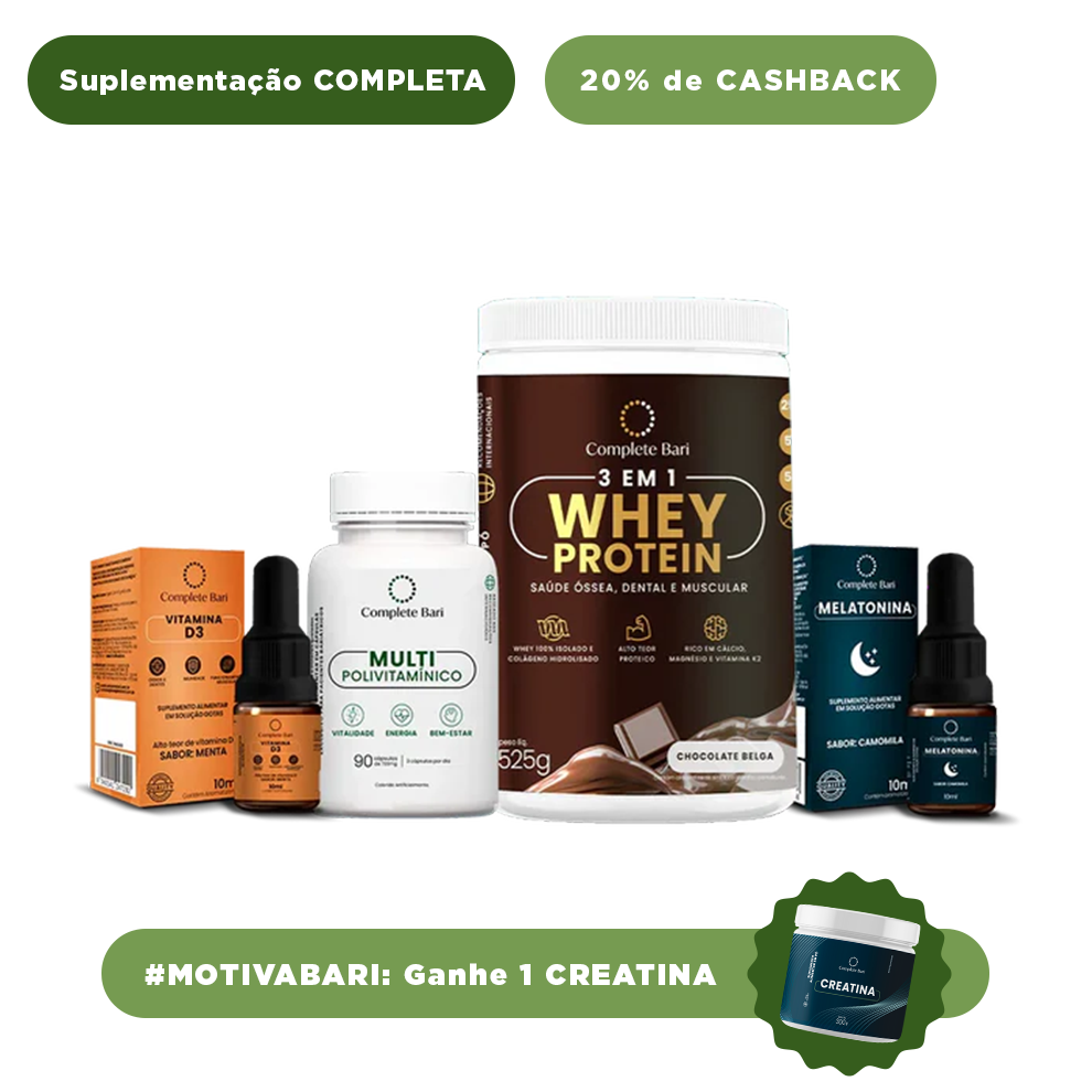 Kit 1 Multi + 1 Whey Isolado Chocolate Belga + 1 Vitamina D3 + 1 Melatonina Complete Bari