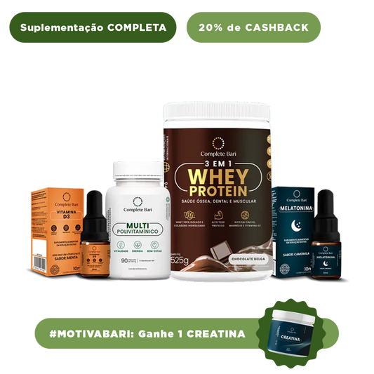 Kit 1 Multi + 1 Whey Isolado Chocolate Belga + 1 Vitamina D3 + 1 Melatonina Complete Bari