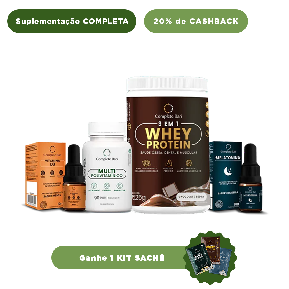 Kit 1 Multi + 1 Whey Isolado Chocolate Belga + 1 Vitamina D3 + 1 Melatonina Complete Bari - Ganhe 1 Kit Saches