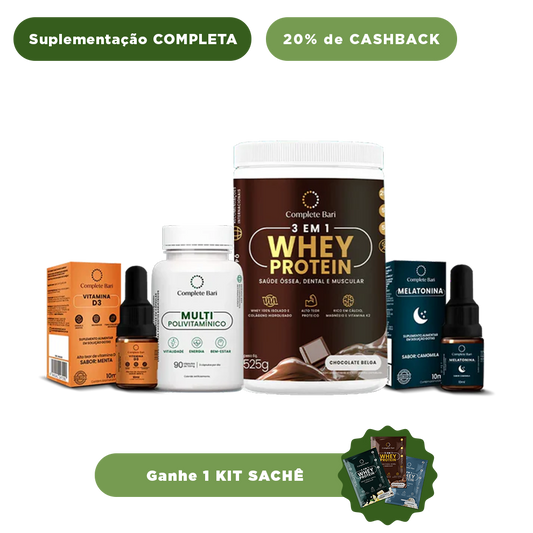 Kit 1 Multi + 1 Whey Isolado Chocolate Belga + 1 Vitamina D3 + 1 Melatonina Complete Bari - Ganhe 1 Kit Saches
