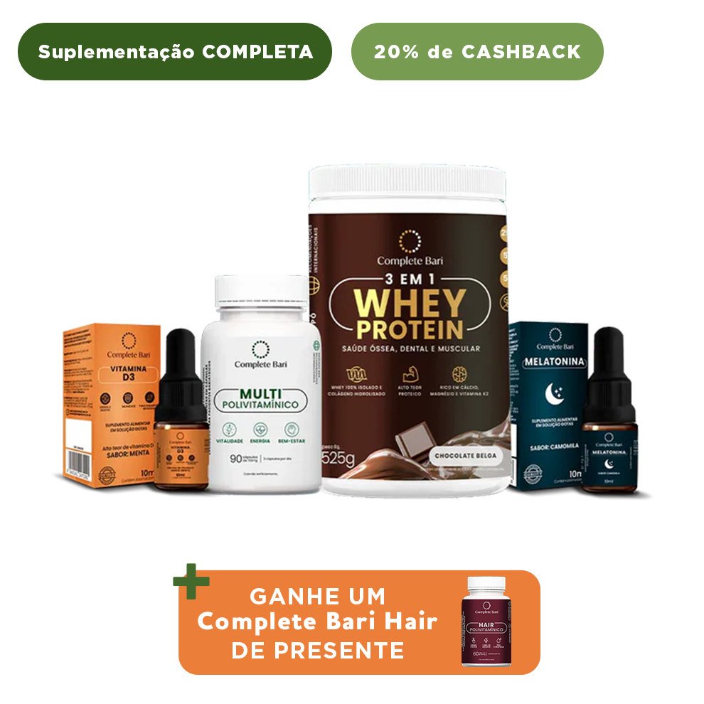 Kit 1 Multi + 1 Whey Isolado Chocolate Belga + 1 Vitamina D3 + 1 Melatonina Complete Bari - Ganhe 1 Hair de brinde