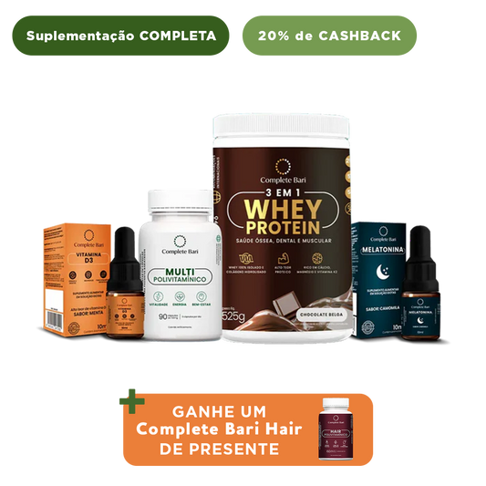 Kit 1 Multi + 1 Whey Isolado Chocolate Belga + 1 Vitamina D3 + 1 Melatonina Complete Bari - Ganhe 1 Hair de brinde