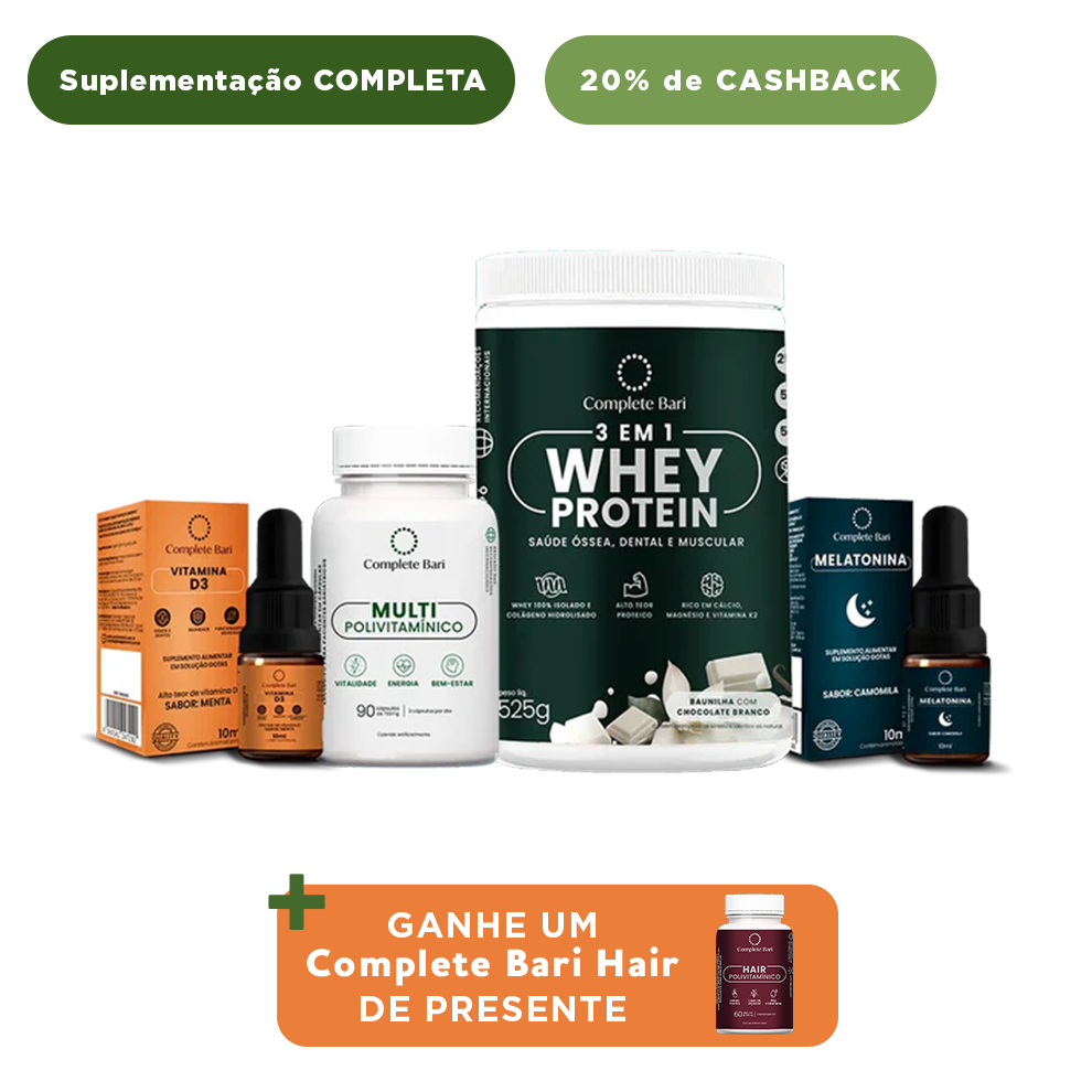 Kit 1 Multi + 1 Whey Isolado Baunilha com Chocolate + 1 Vitamina D3 + 1 Melatonina Complete Bari - Ganhe 1 Hair de brinde