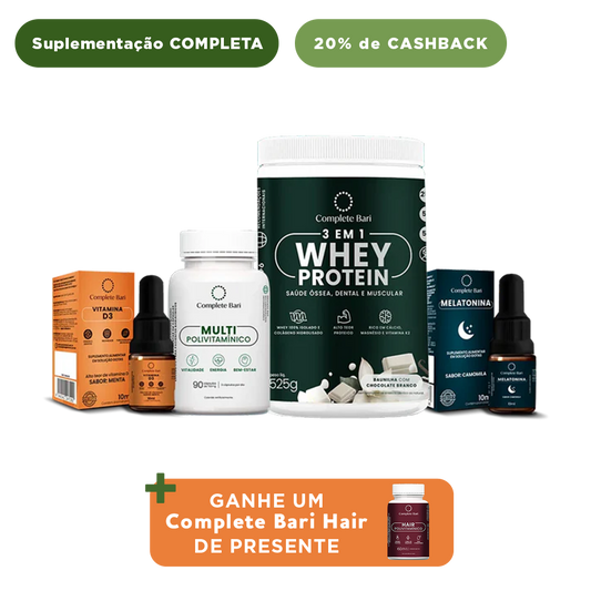 Kit 1 Multi + 1 Whey Isolado Baunilha com Chocolate + 1 Vitamina D3 + 1 Melatonina Complete Bari - Ganhe 1 Hair de brinde