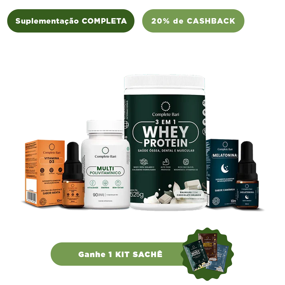 Kit 1 Multi + 1 Whey Isolado Baunilha com Chocolate + 1 Vitamina D3 + 1 Melatonina Complete Bari - Ganhe 1 Kit Saches
