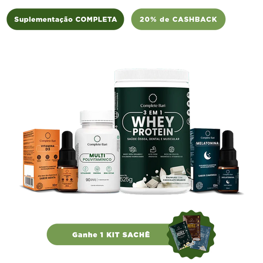 Kit 1 Multi + 1 Whey Isolado Baunilha com Chocolate + 1 Vitamina D3 + 1 Melatonina Complete Bari - Ganhe 1 Kit Saches