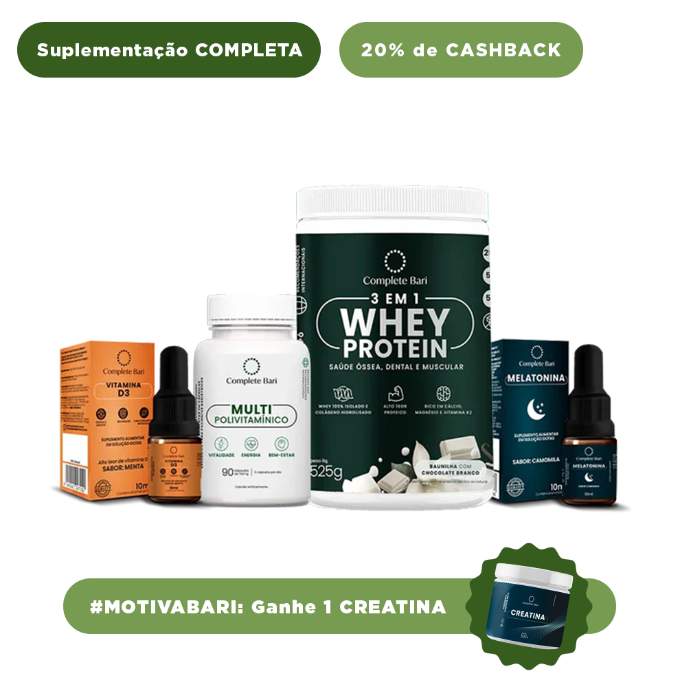 Kit 1 Multi + 1 Whey Isolado Baunilha com Chocolate + 1 Vitamina D3 + 1 Melatonina Complete Bari