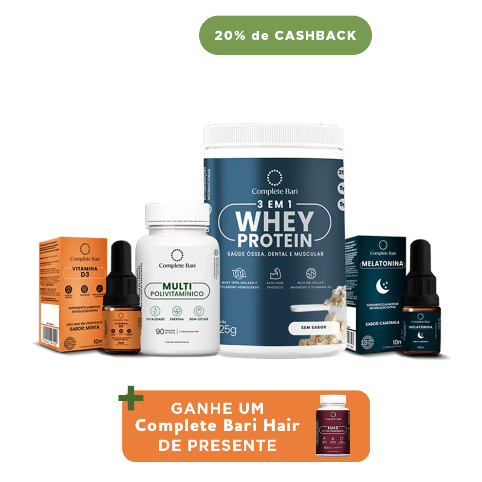 Kit 1 Multi + 1 Whey Isolado Neutro + 1 Vitamina D3 + 1 Melatonina Complete Bari - Ganhe 1 Hair de brinde