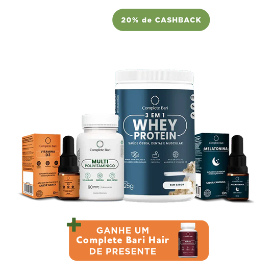 Kit 1 Multi + 1 Whey Isolado Neutro + 1 Vitamina D3 + 1 Melatonina Complete Bari - Ganhe 1 Hair de brinde