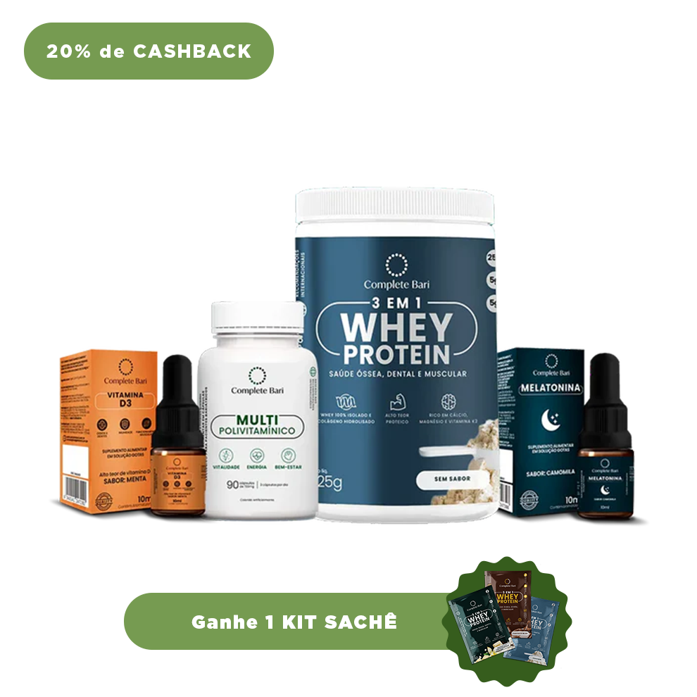 Kit 1 Multi + 1 Whey Isolado Neutro + 1 Vitamina D3 + 1 Melatonina Complete Bari - Ganhe 1 Kit Saches