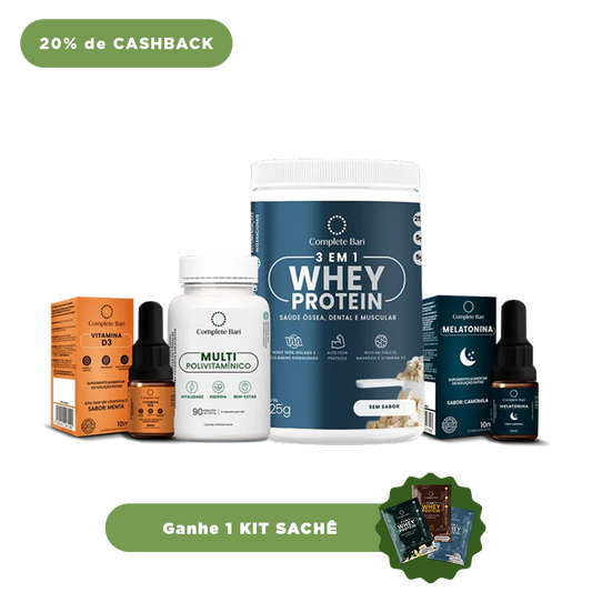 Kit 1 Multi + 1 Whey Isolado Neutro + 1 Vitamina D3 + 1 Melatonina Complete Bari - Ganhe 1 Kit Saches