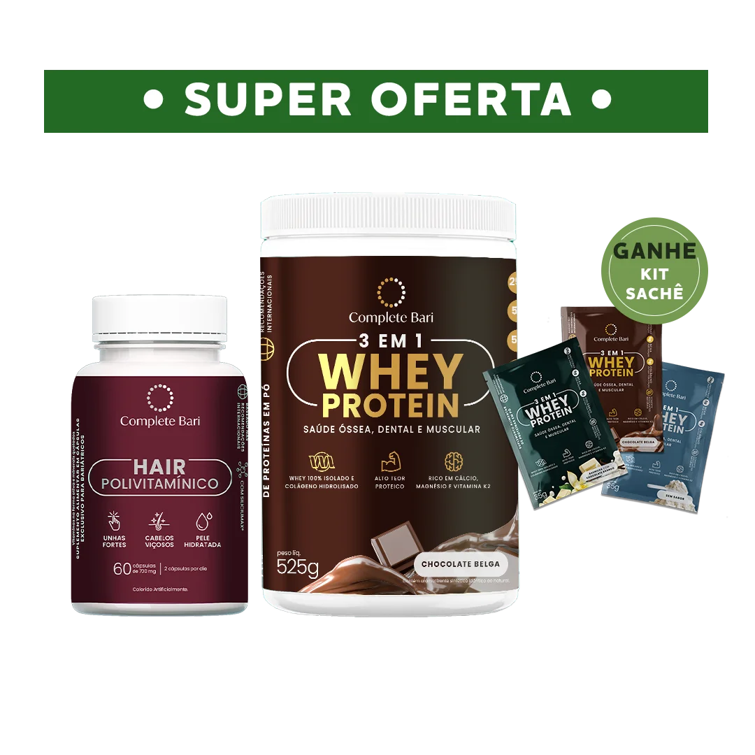 Kit 1 Polivitaminico Cabelos e Unhas + 1 Whey Isolado Chocolate Belga Complete Bari