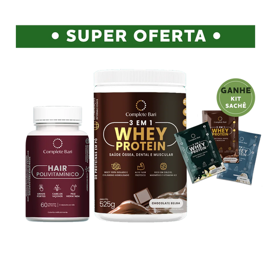 Kit 1 Polivitaminico Cabelos e Unhas + 1 Whey Isolado Chocolate Belga Complete Bari