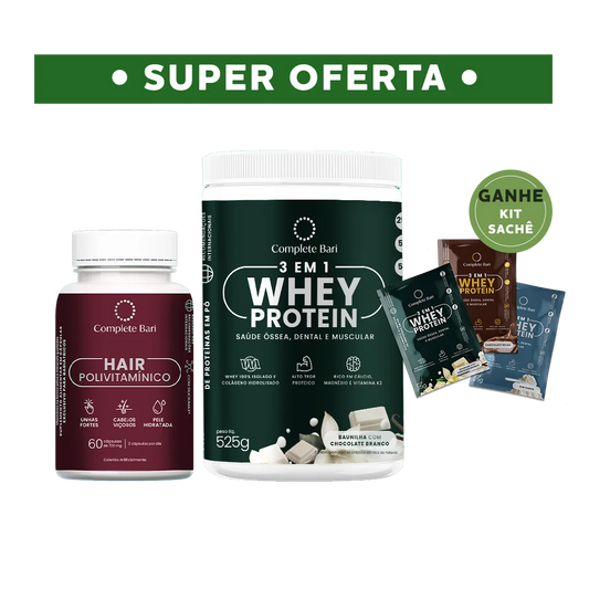Kit 1 Polivitaminico Cabelos e Unhas + 1 Whey Isolado Baunilha com Chocolate Complete Bari