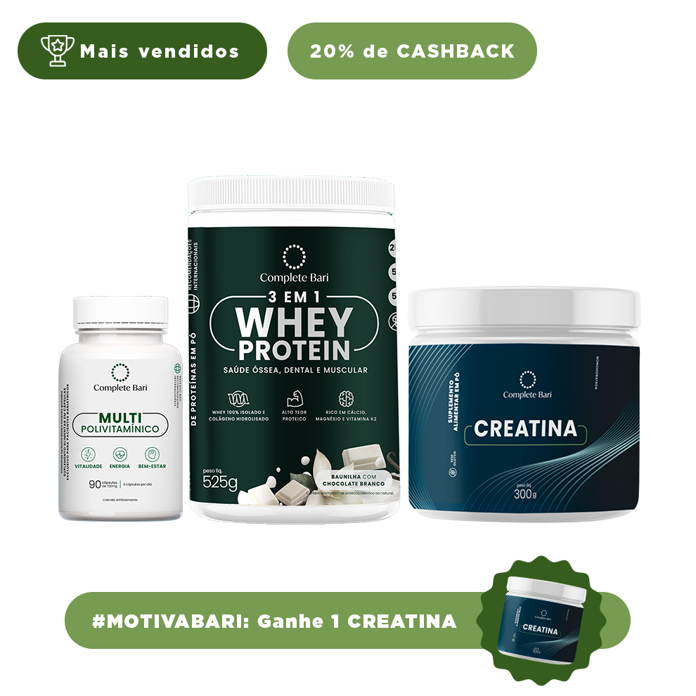 Kit 1 Multi + 1 Whey Isolado Baunilha com Chocolate + 1 Creatina Complete BarI