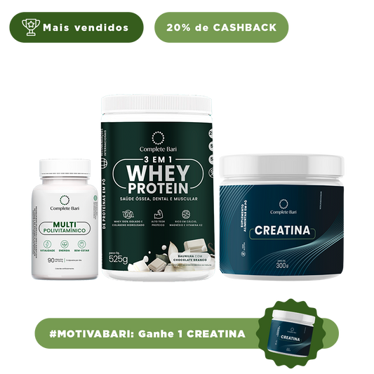 Kit 1 Multi + 1 Whey Isolado Baunilha com Chocolate + 1 Creatina Complete BarI