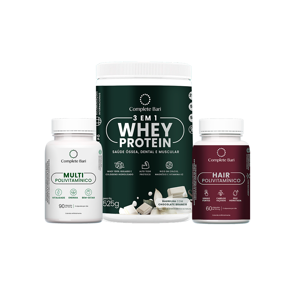 Kit Multivitamínico + Polivitamínico Cabelo e Unhas + Whey Protein Baunilha com Chocolate Branco