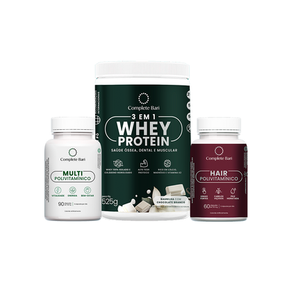 Kit Multivitamínico + Polivitamínico Cabelo e Unhas + Whey Protein Baunilha com Chocolate Branco