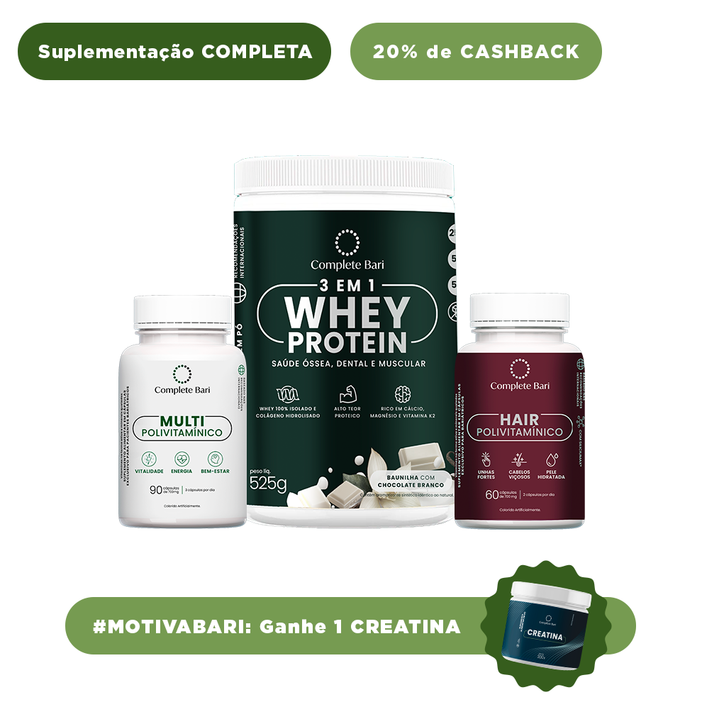 Kit 1 Multi + 1 Polivitaminico Cabelos e Unhas + 1 Whey Isolado Baunilha com Chocolate Complete Bari
