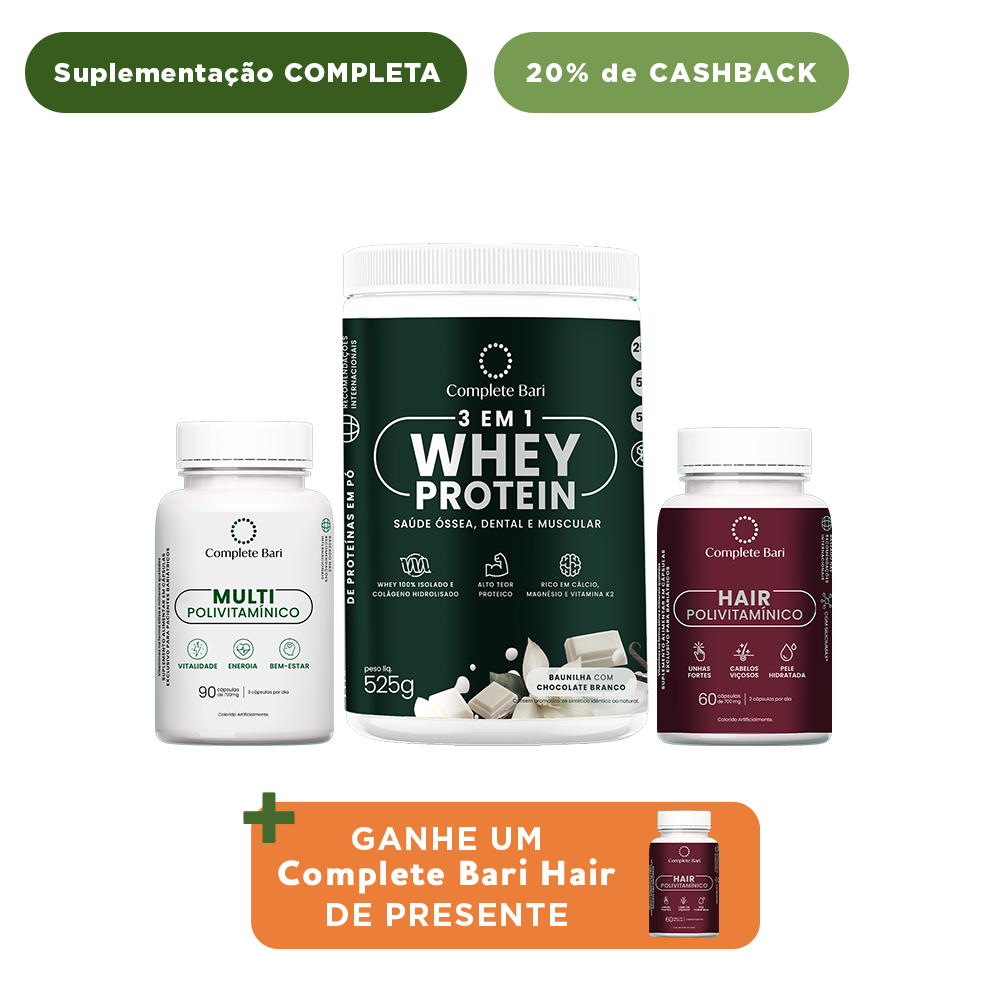 Kit 1 Multi + 1 Polivitaminico Cabelos e Unhas + 1 Whey Isolado Baunilha com Chocolate Complete Bari - Ganhe 1 Hair de brinde