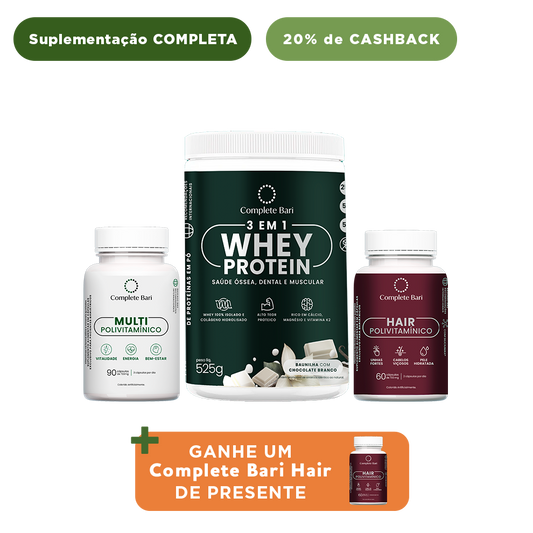 Kit 1 Multi + 1 Polivitaminico Cabelos e Unhas + 1 Whey Isolado Baunilha com Chocolate Complete Bari - Ganhe 1 Hair de brinde