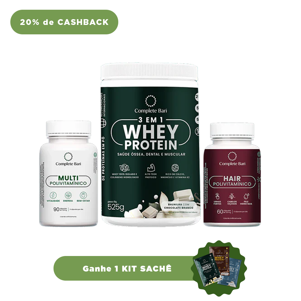 Kit 1 Multi + 1 Polivitaminico Cabelos e Unhas + 1 Whey Isolado Baunilha com Chocolate Complete Bari - Ganhe 1 Kit Saches