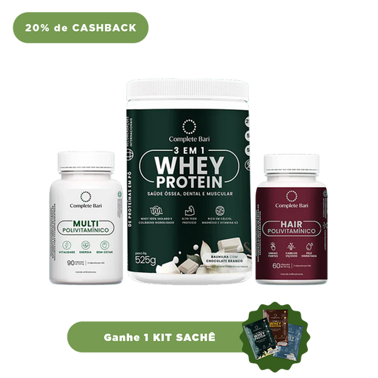 Kit 1 Multi + 1 Polivitaminico Cabelos e Unhas + 1 Whey Isolado Baunilha com Chocolate Complete Bari - Ganhe 1 Kit Saches