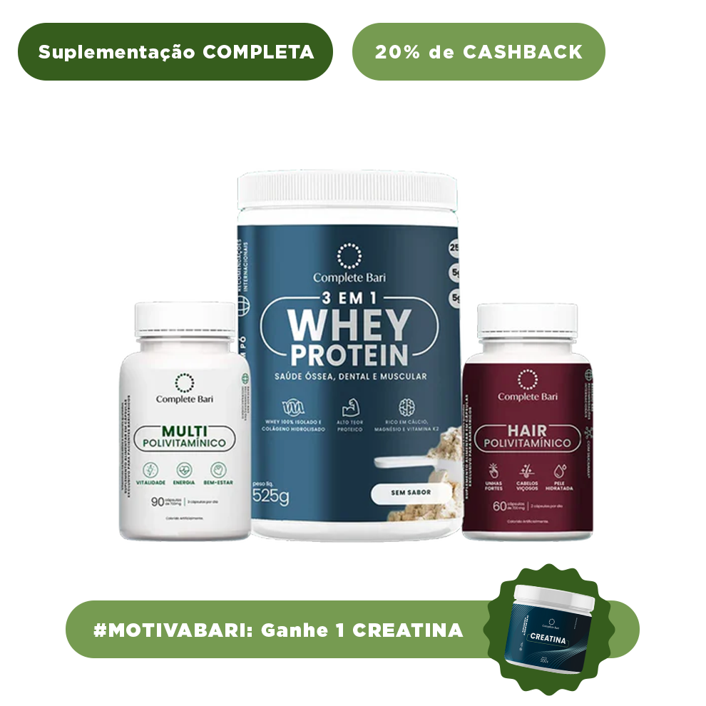 Kit 1 Multi + 1 Polivitaminico Cabelos e Unhas + 1 Whey Isolado Neutro Complete Bari