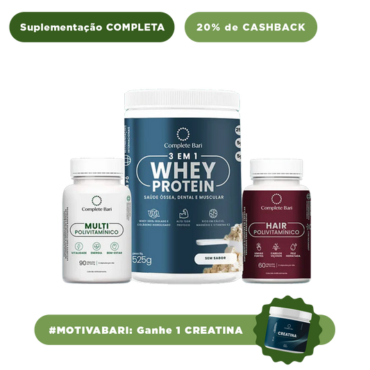 Kit 1 Multi + 1 Polivitaminico Cabelos e Unhas + 1 Whey Isolado Neutro Complete Bari